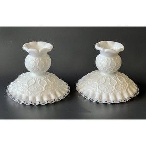 Vintage Fenton Silver Crest Milk Glass Spanish Lace Candlestick Holders Set Of 2